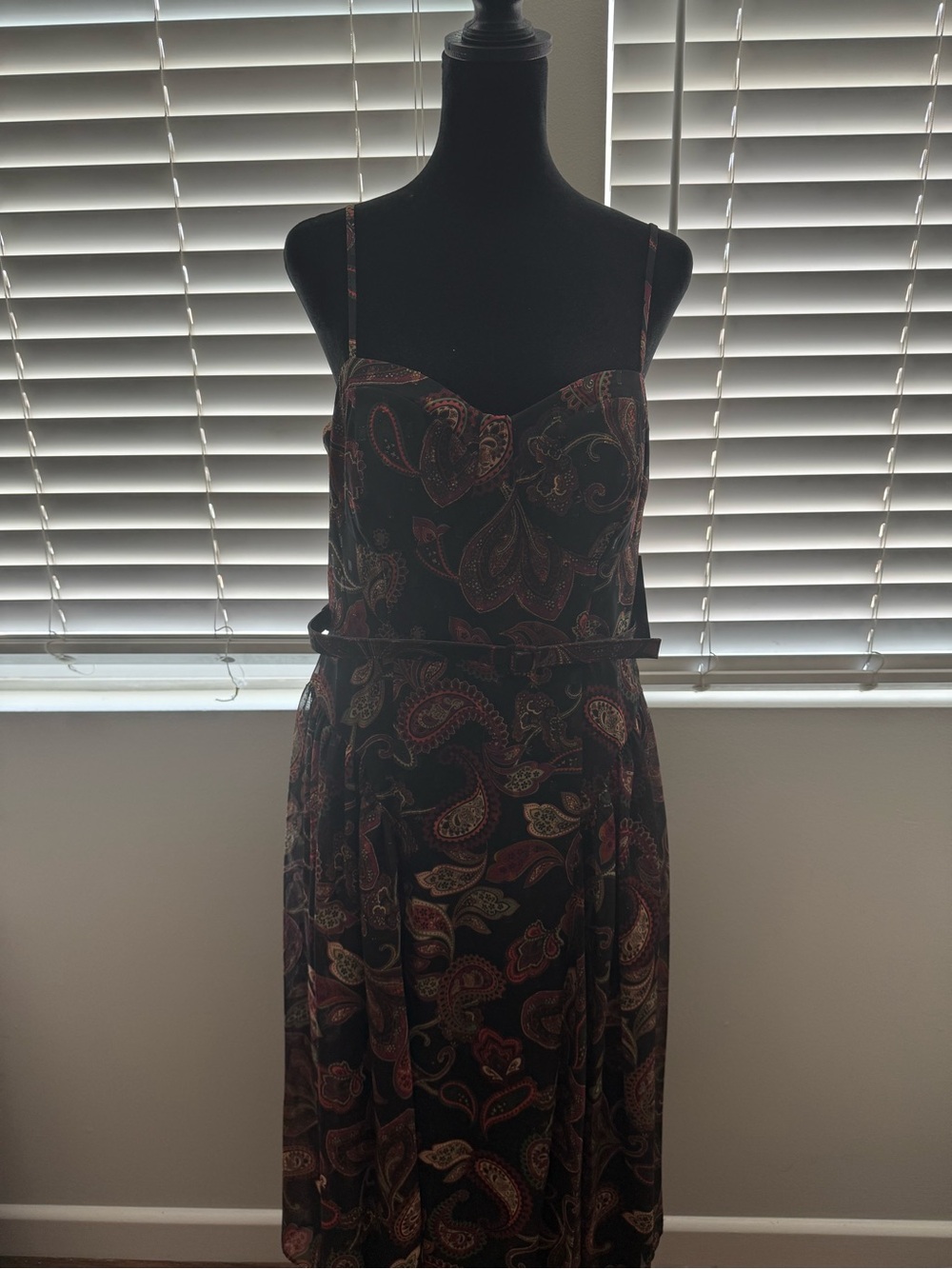 BCBG Black Paisley Midi Dress with Spaghetti Straps